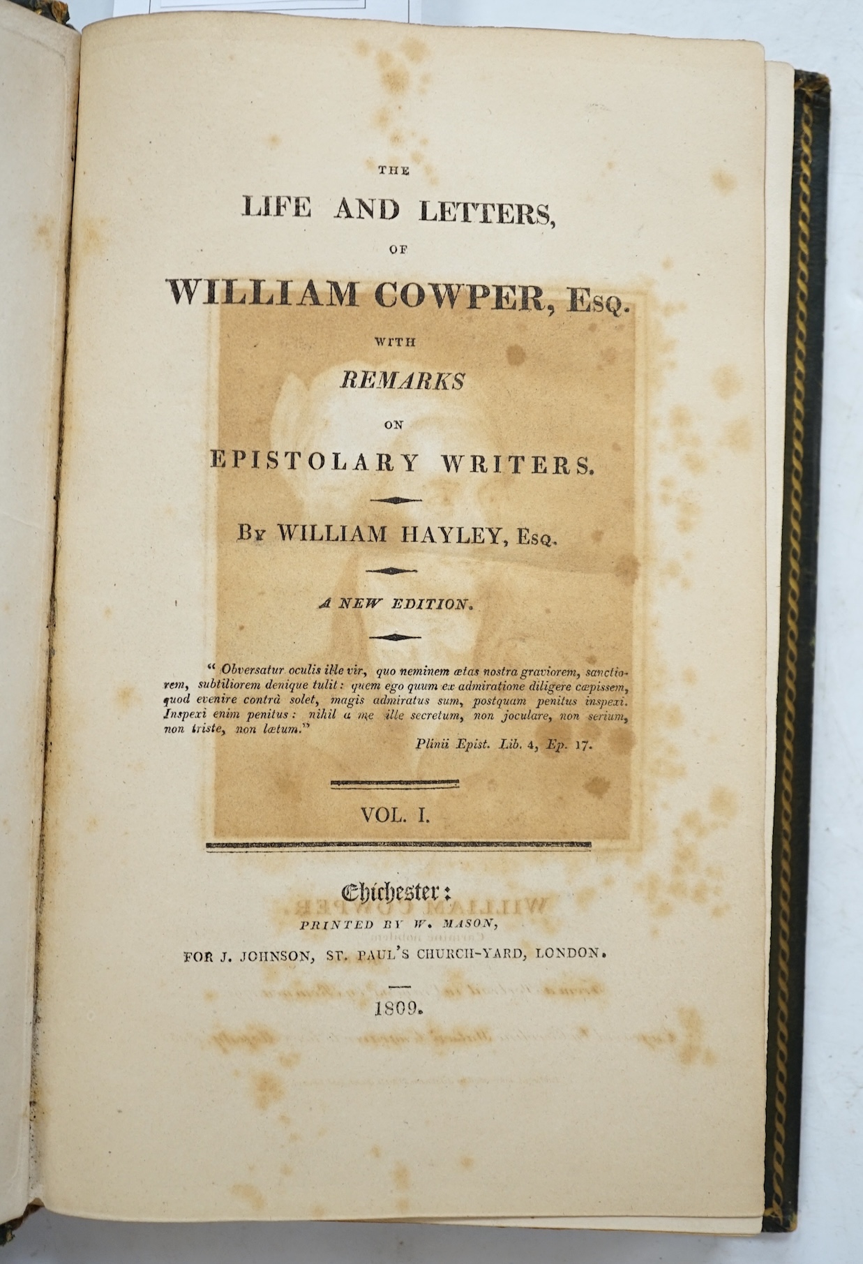 Hayley, William - The Life and Letters of William Cowper, Esq. With remarks on epistolary writers. new edition, 4vols. portrait frontis.; earlier 19th cent. gilt ruled and blind decorated green straight grain morocco, sp